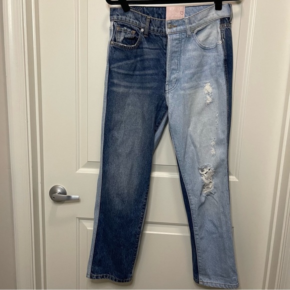 REVICE Two-Tone Straight Leg Jeans - Dark and Light Blue - Picture 4 of 7